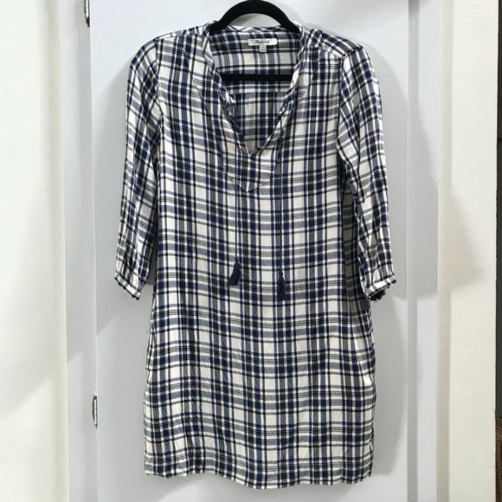 Madewell Plaid Long Sleeve Shift Dress - White/Blue - XXS - Picture 3 of 6